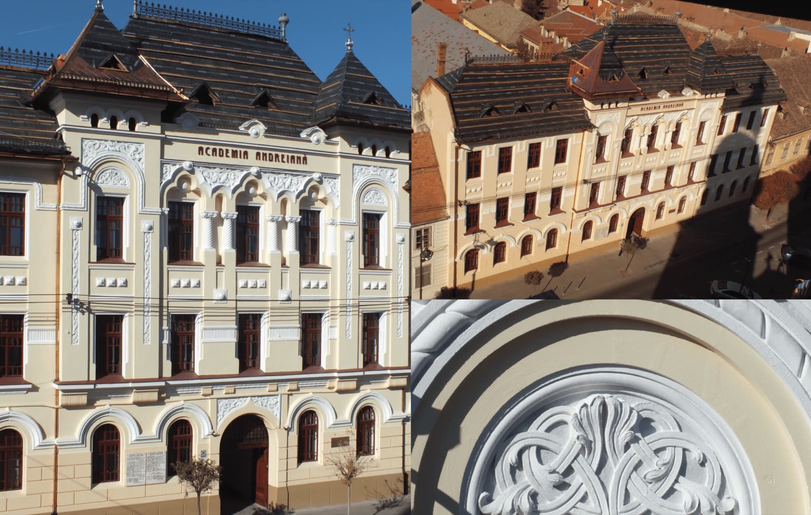 Detalii decorative restaurate pe o clădire istorică din Sibiu